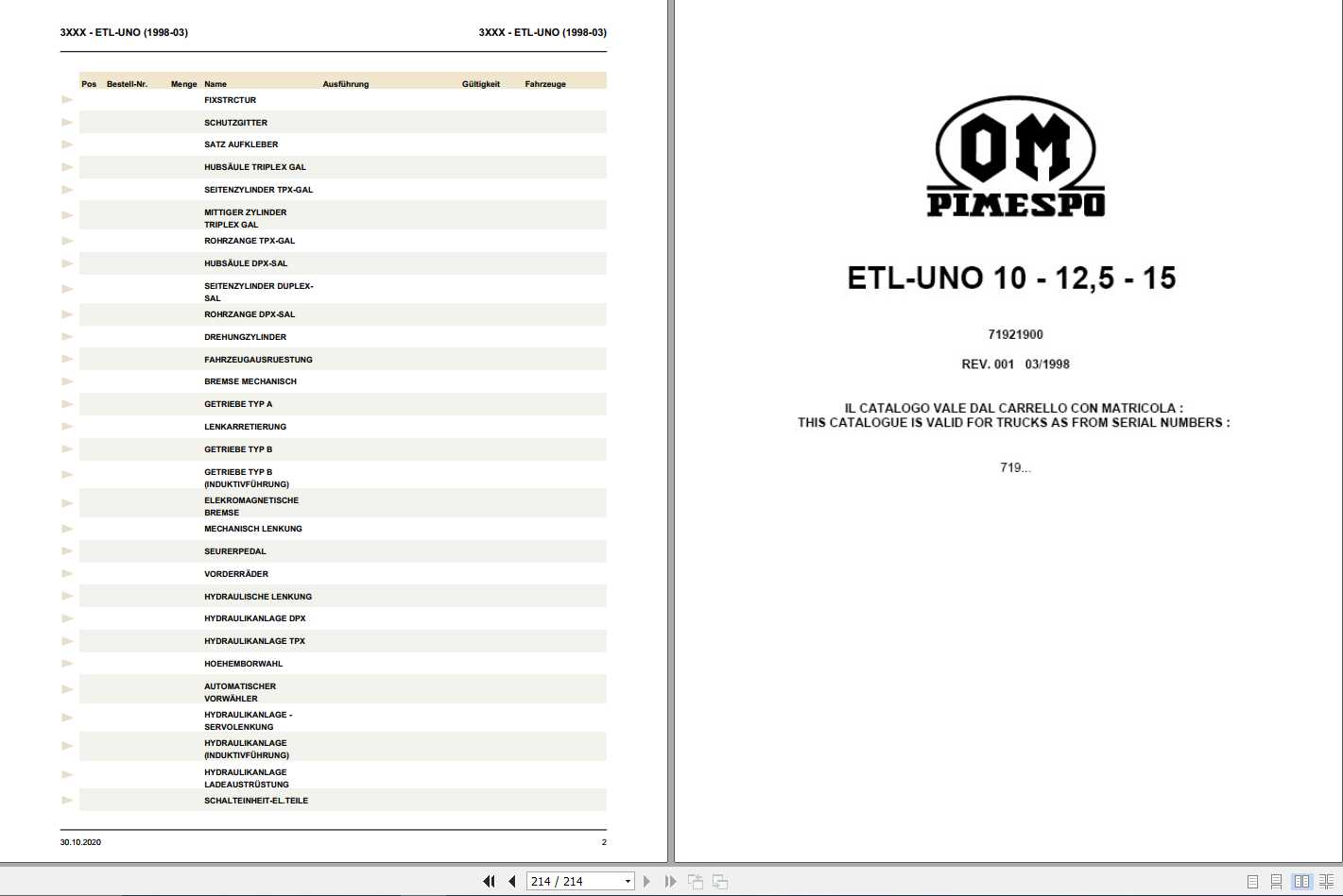 Still OM Pimespo Order Picker ETL UNO 10 125 15 Spare Parts List DE 1