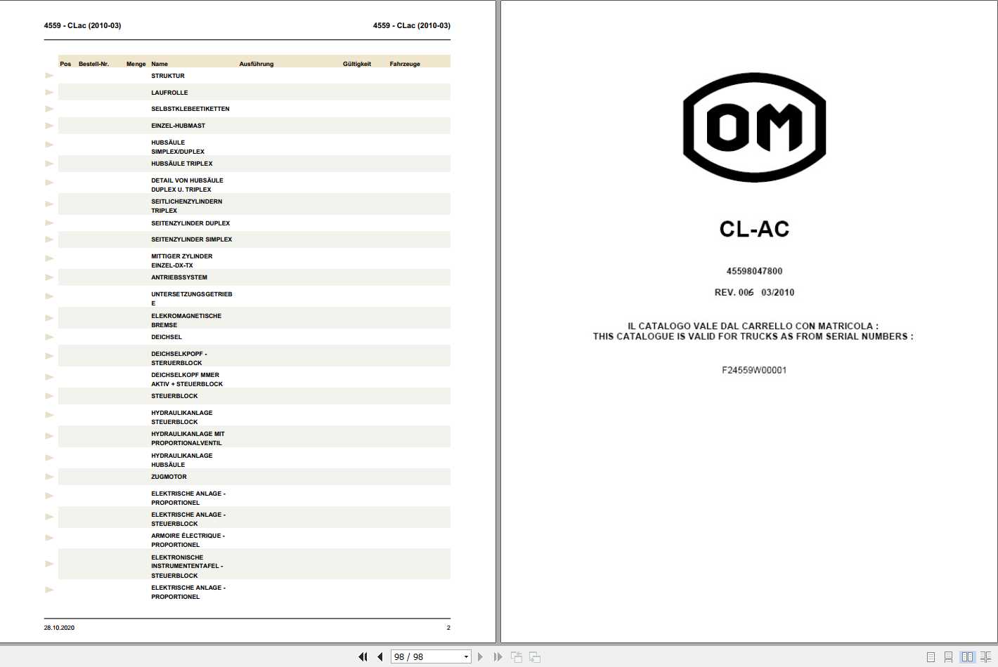 Still OM Pimespo Pallet Stacker CL AC Spare Parts List DE 1