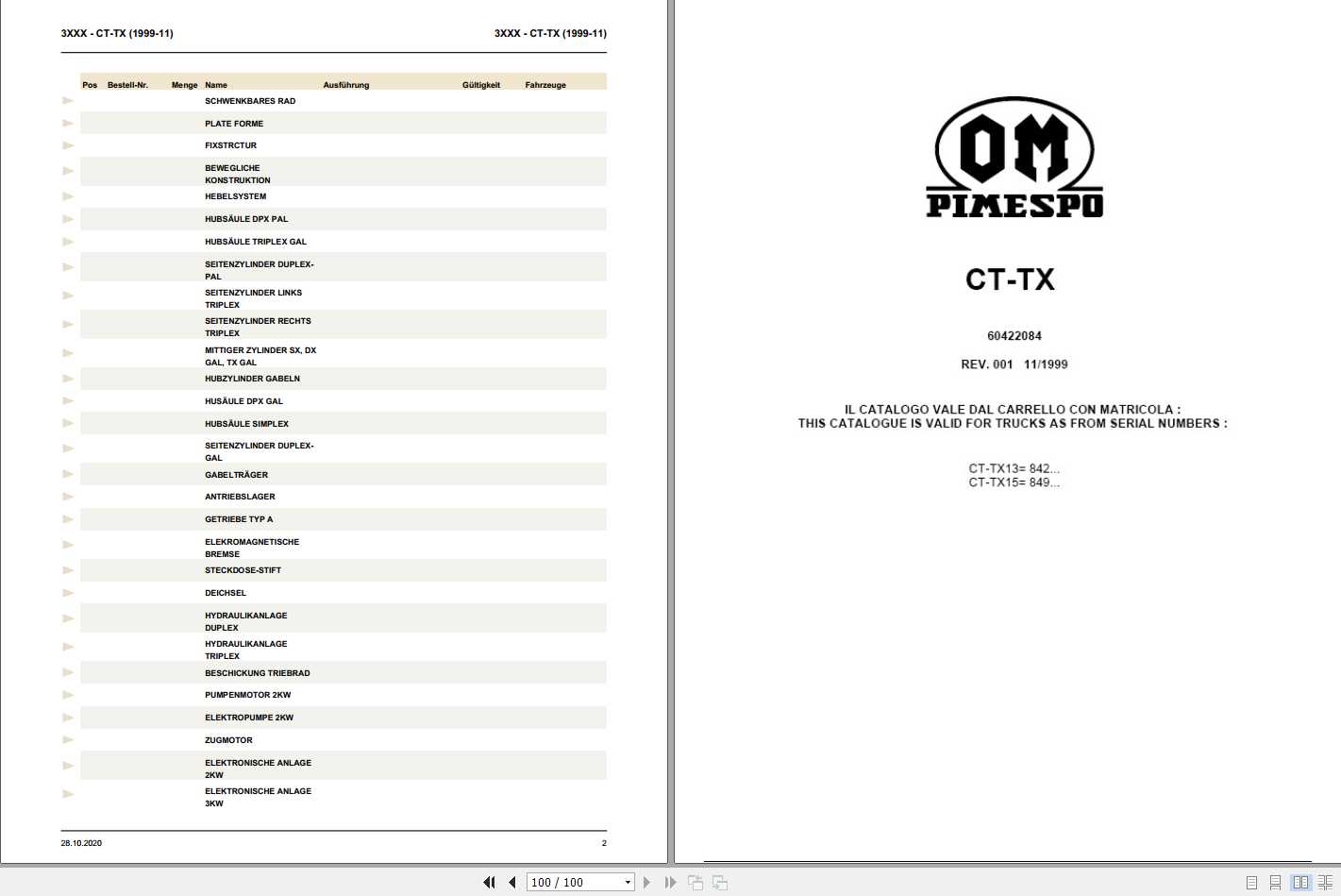 Still OM Pimespo Pallet Stacker CT TX 13 15 Spare Parts List DE 1