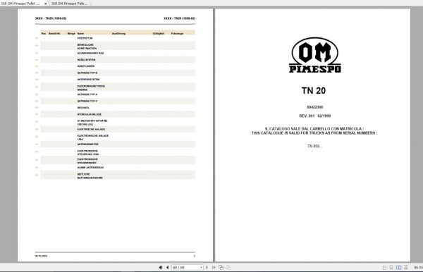 Still OM Pimespo Pallet Truck TN TN20 Spare Parts List DE 1