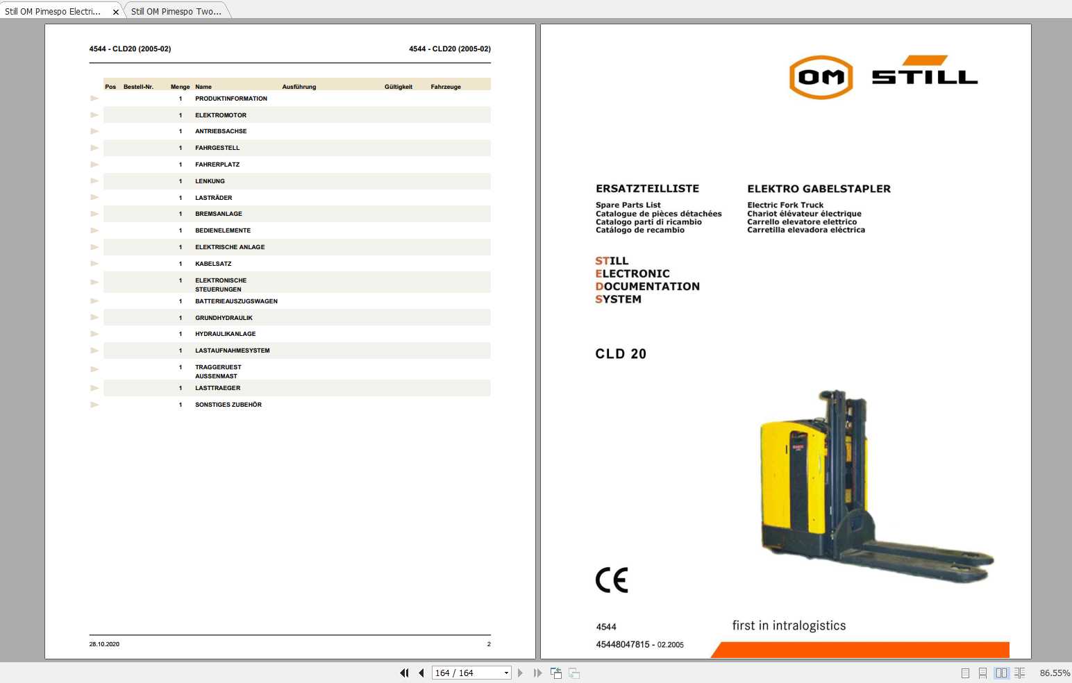 Still OM Pimespo Two Level High Lift Truck CLD 20 Spare Parts List DE 1