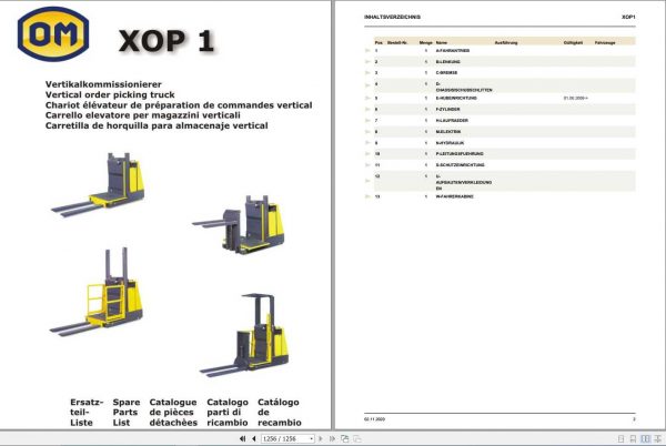 Still OM Pimespo Vertical Order Picking Truck XOP 1 Spare Parts List DE 1