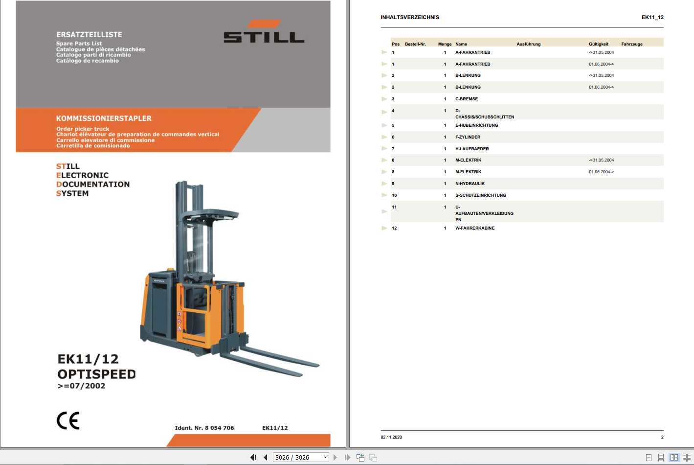 Still Order Picker EK11 EK12 OPTISPEED Spare Parts List DE 1