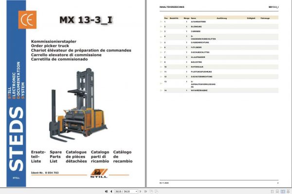 Still Order Picker Truck MX 13 3i Spare Parts List DE 1