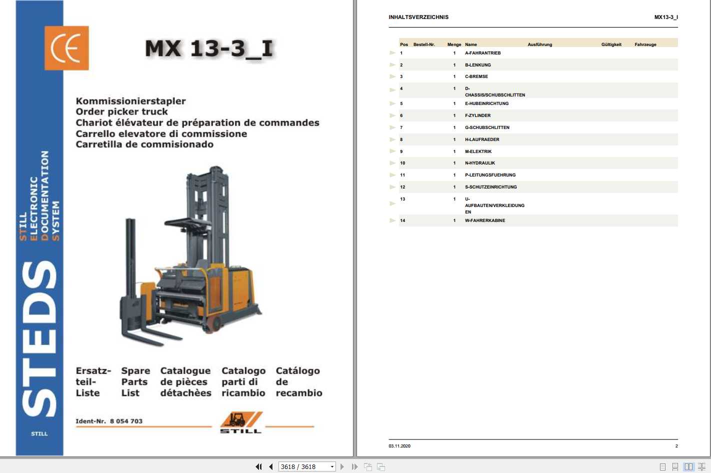 Still Order Picker Truck MX 13 3i Spare Parts List DE 1