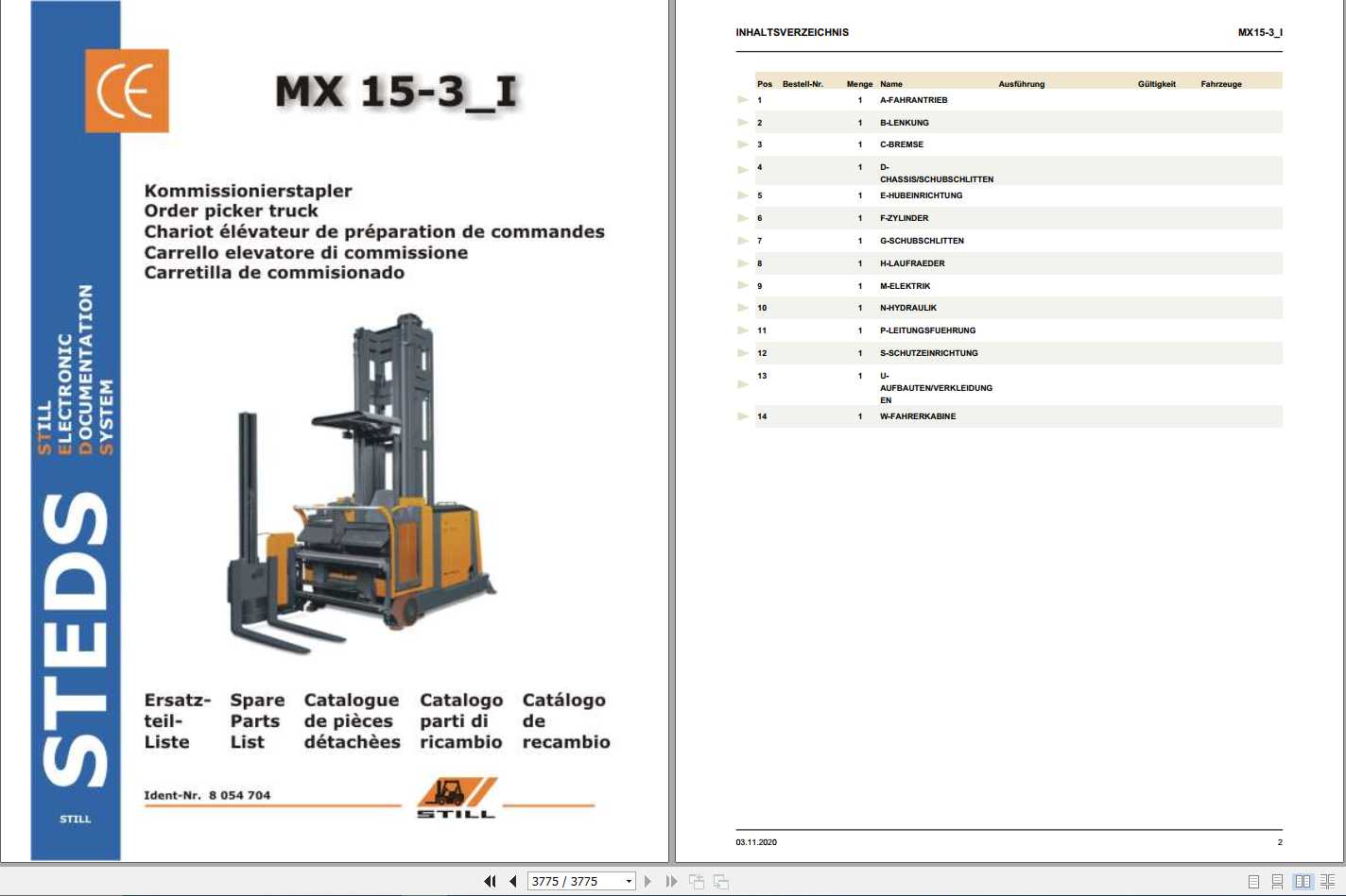 Still Order Picker Truck MX 15 3i Spare Parts List DE 1