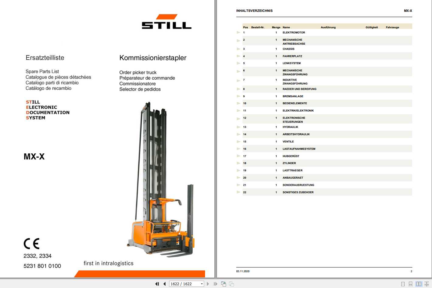 Still Order Picker Truck MX X 2332 2334 Spare Parts List DE 1