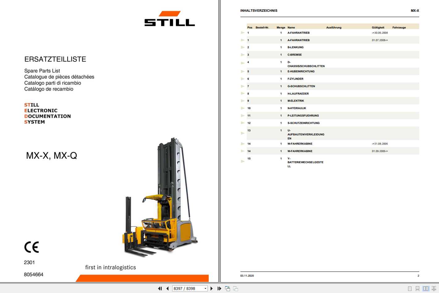 Still Order Picker Truck MX X MX Q 2301 Spare Parts List DE 1
