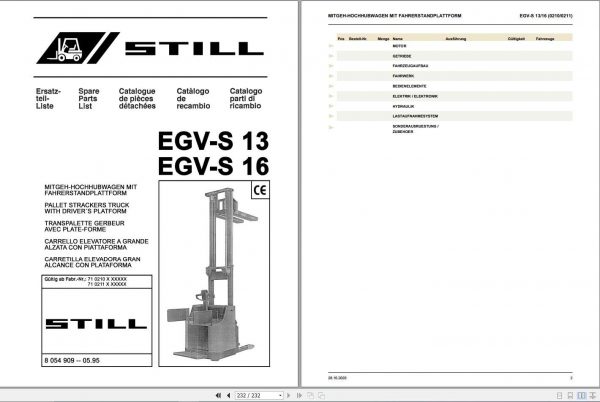 Still Pallet Stacker EGV S 13 EGV S 16 0210 0211 Spare Parts List DE 1