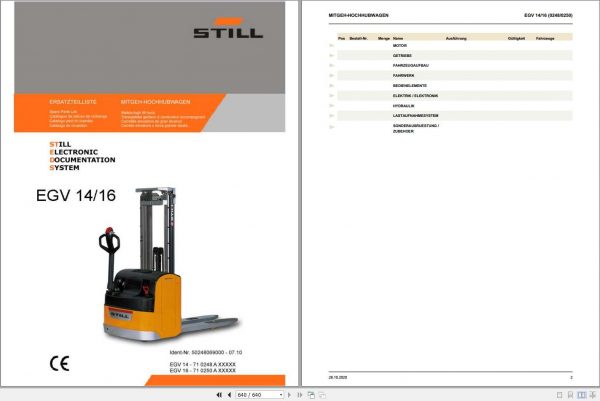 Still Pallet Stacker EGV14 EGV16 0248 0250 Spare Parts List DE 50248069000 07.2010 1
