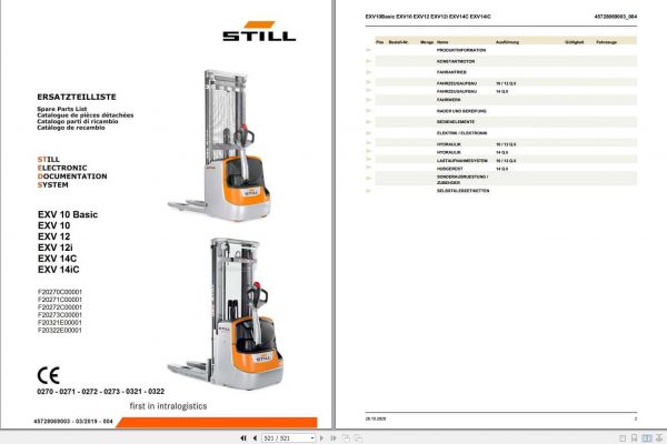 Still Pallet Stacker EXV 10 10Basic 12 12i 14C 14Ci 0270 0273 0321 0322 Spare Parts List DE 1
