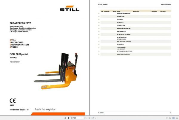 Still Pallet Truck ECU30 0189 Special Spare Parts List DE 1