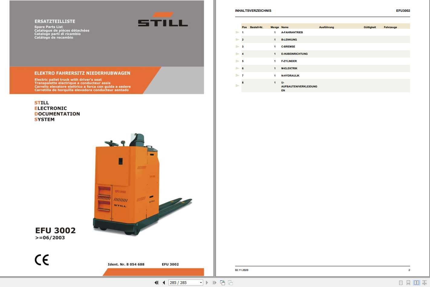 Still Pallet Truck EFU 3002 Spare Parts List DE 1