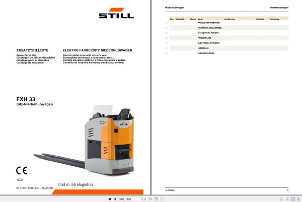 Still Pallet Truck FXH 33 1302 Spare Parts List DE 1