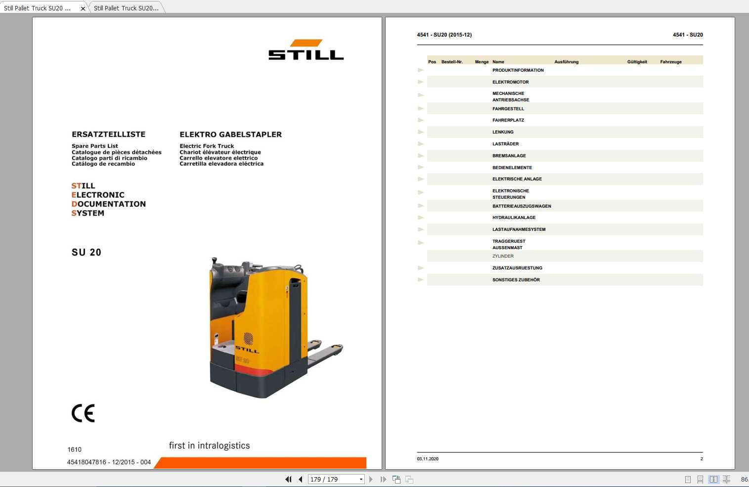 Still Pallet Truck SU20 Spare Parts List DE 1
