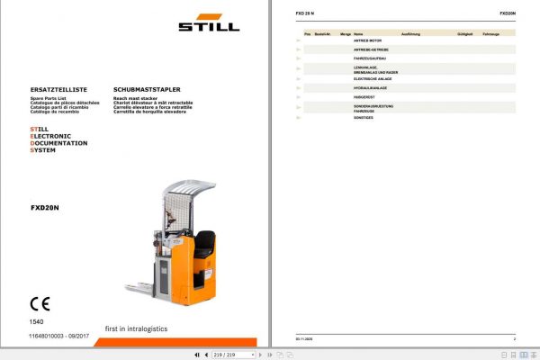 Still Reach Mast Stacker FXD20N 1540 Spare Parts List DE 1