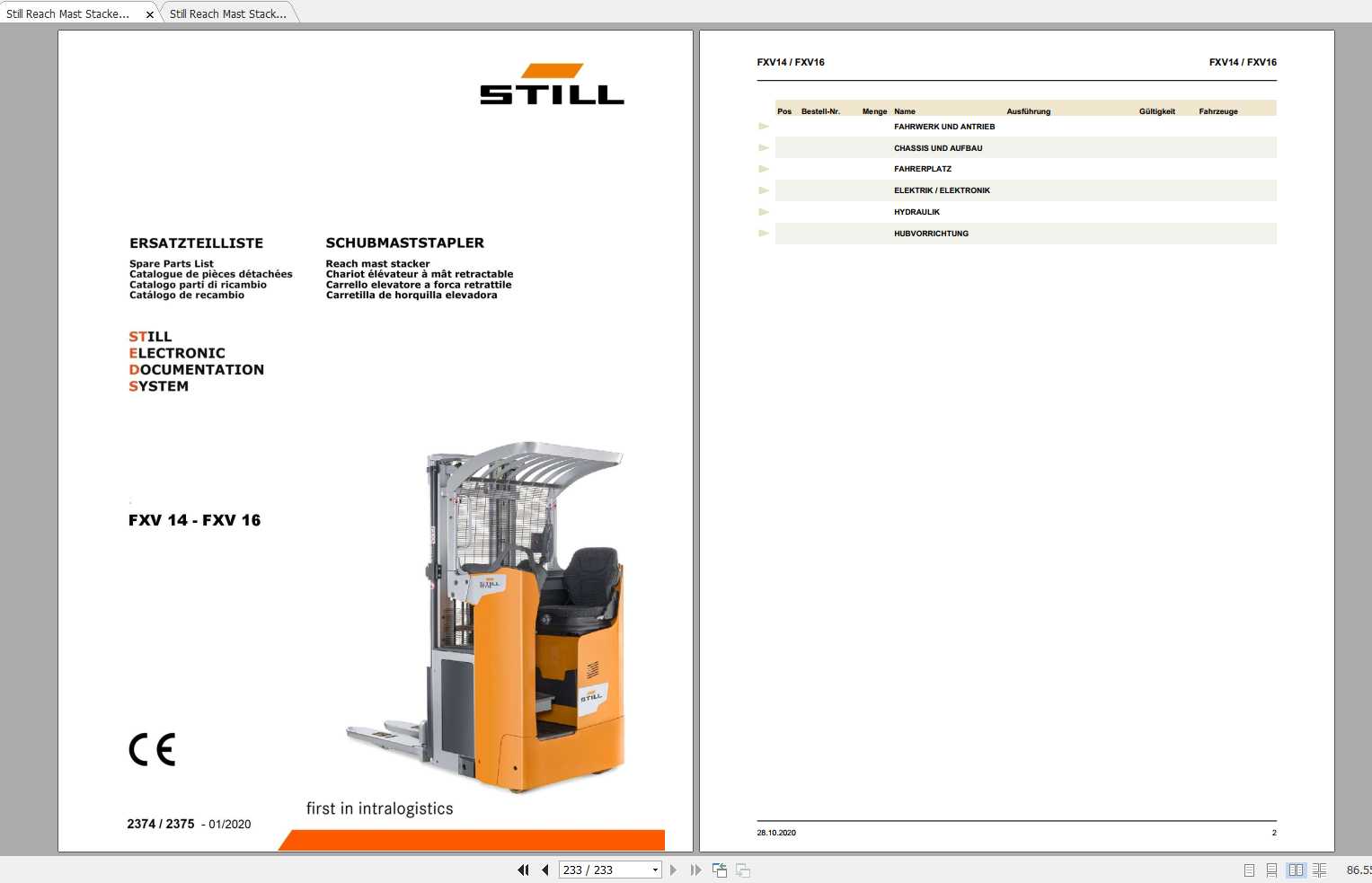Still Reach Mast Stacker FXV14 FXV16 Spare Parts List DE 1