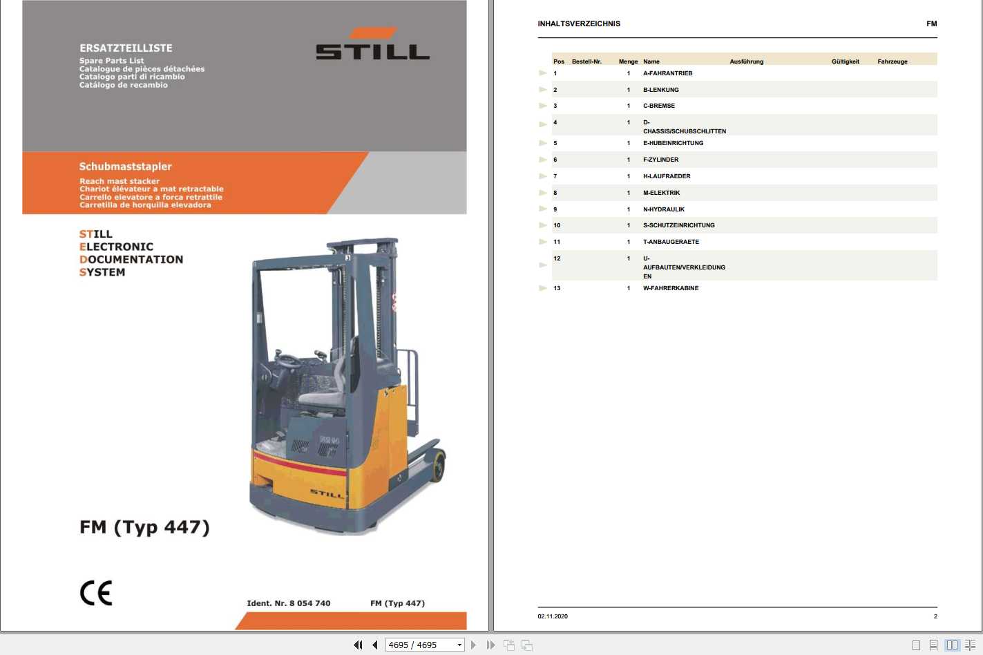 Still Reach Truck FM Typ 447 Spare Parts List DE 1