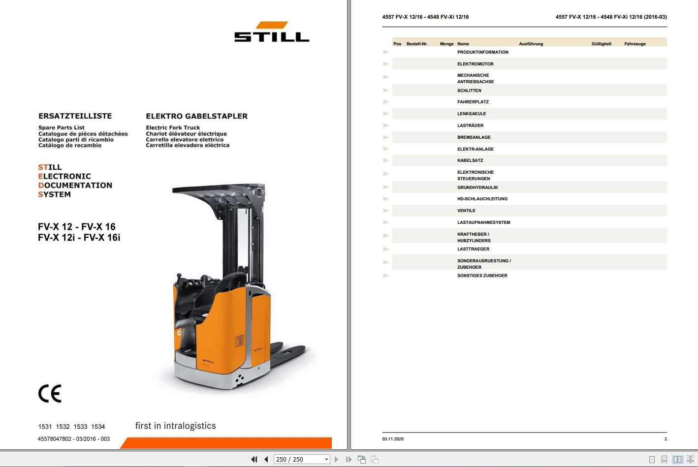 Still Seated Pallet Stacker FV X 12 16 FV Xi 12 16 Spare Parts List DE 1