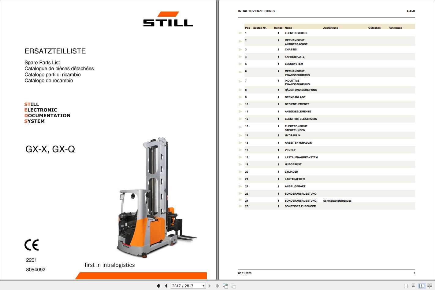 Still Side Loader Forklift GX X GX Q Spare Parts List DE 1