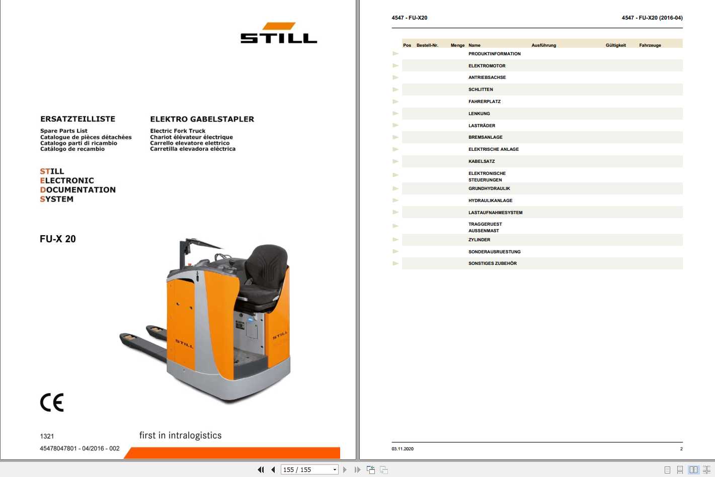 Still Sit on Pallet Truck FU X20 Spare Parts List DE 1
