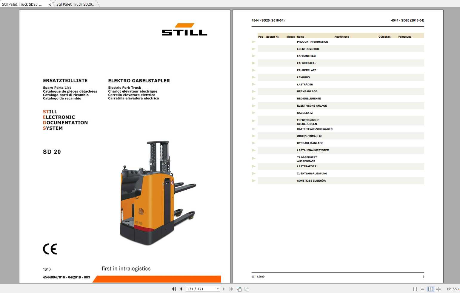 Still Two Level High Lift Truck SD20 Spare Parts List DE 1