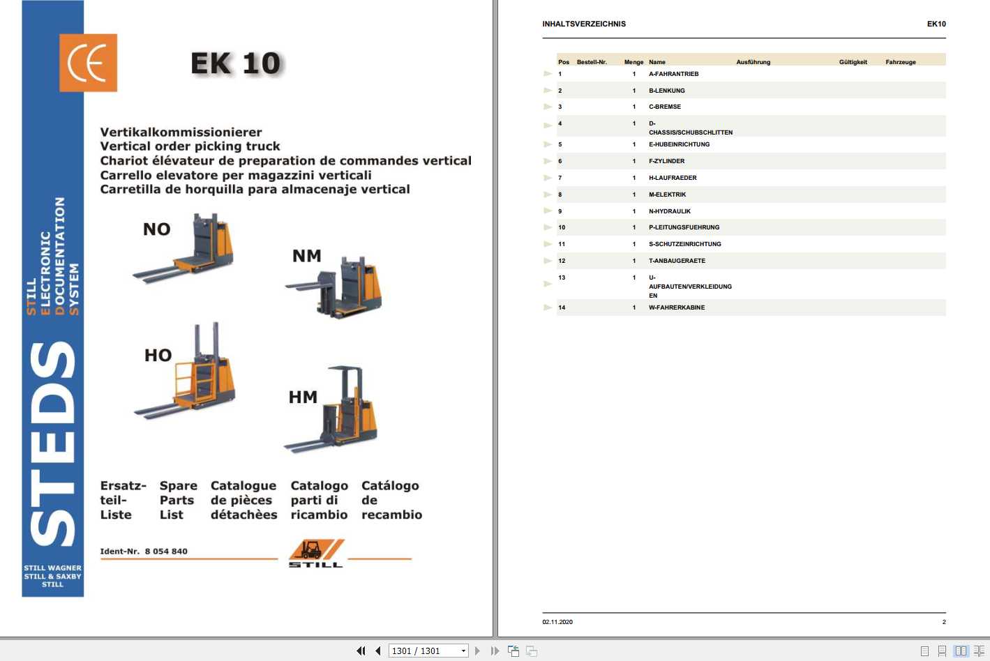 Still Vertical Order Picking Truck EK10 NO NM HO HM Spare Parts List DE 1