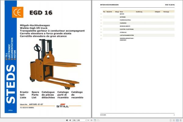 Still Walkie High Lift Truck EGD 16 Spare Parts List DE 1