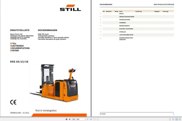 Still Walkie High lift Truck EGV 10 12 16 1217 1218 1219 Spare Parts List DE 1