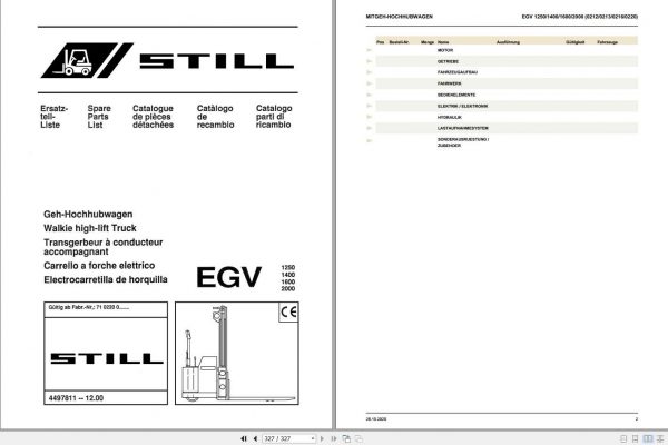 Still Walkie High lift Truck EGV 1250 1400 1600 2000 Spare Parts List DE 1