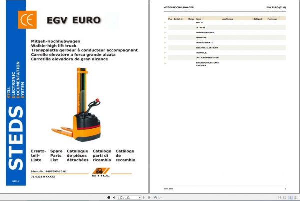 Still Walkie High lift Truck EGV EURO 0238 Spare Parts List DE 1