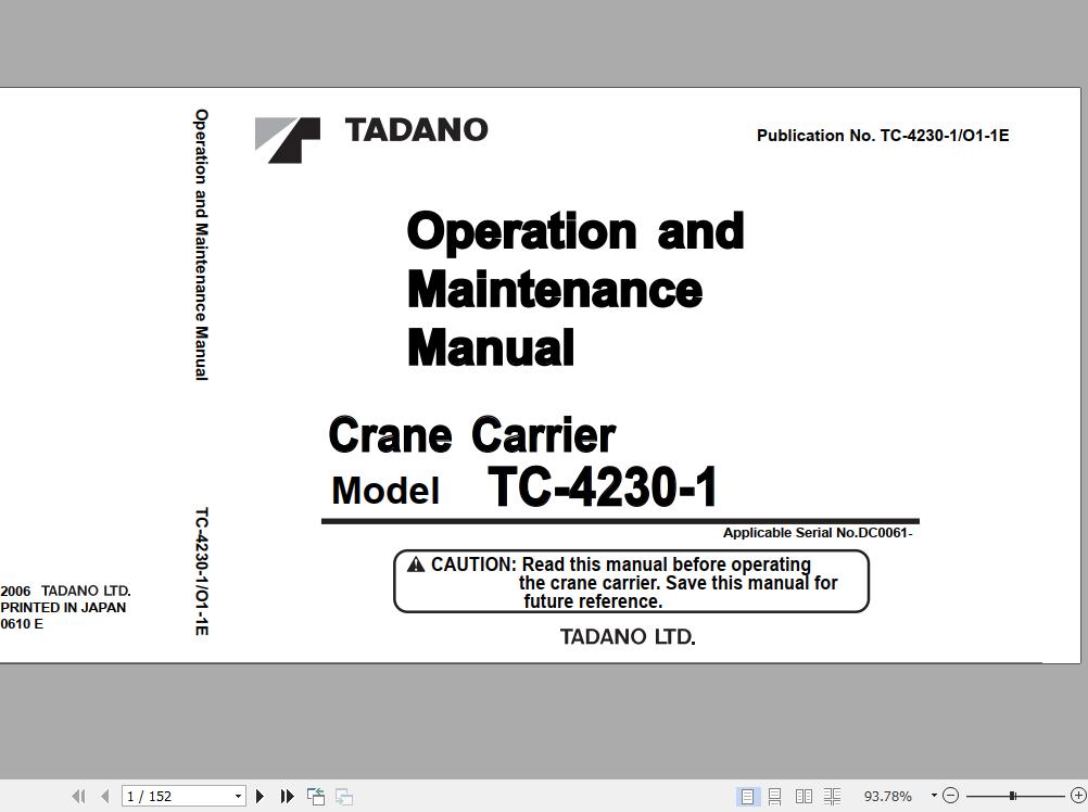 Tadano Carrier Crane TC 4230 1 Serial DC0061 Operation Maintenance Manual 1