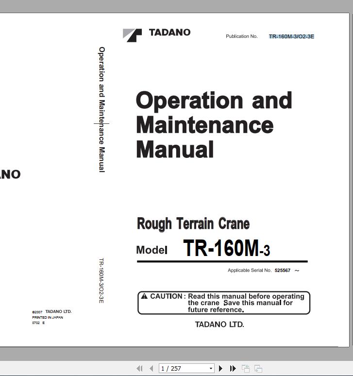 Tadano Rough Terrain Crane TR 160M 3 Serial 525567 Operation Maintenance Manual 1