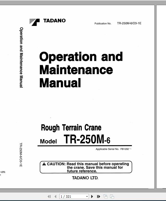 Tadano Rough Terrain Crane TR 250M 6 Serial FB1292 Operation Maintenance Manual 1