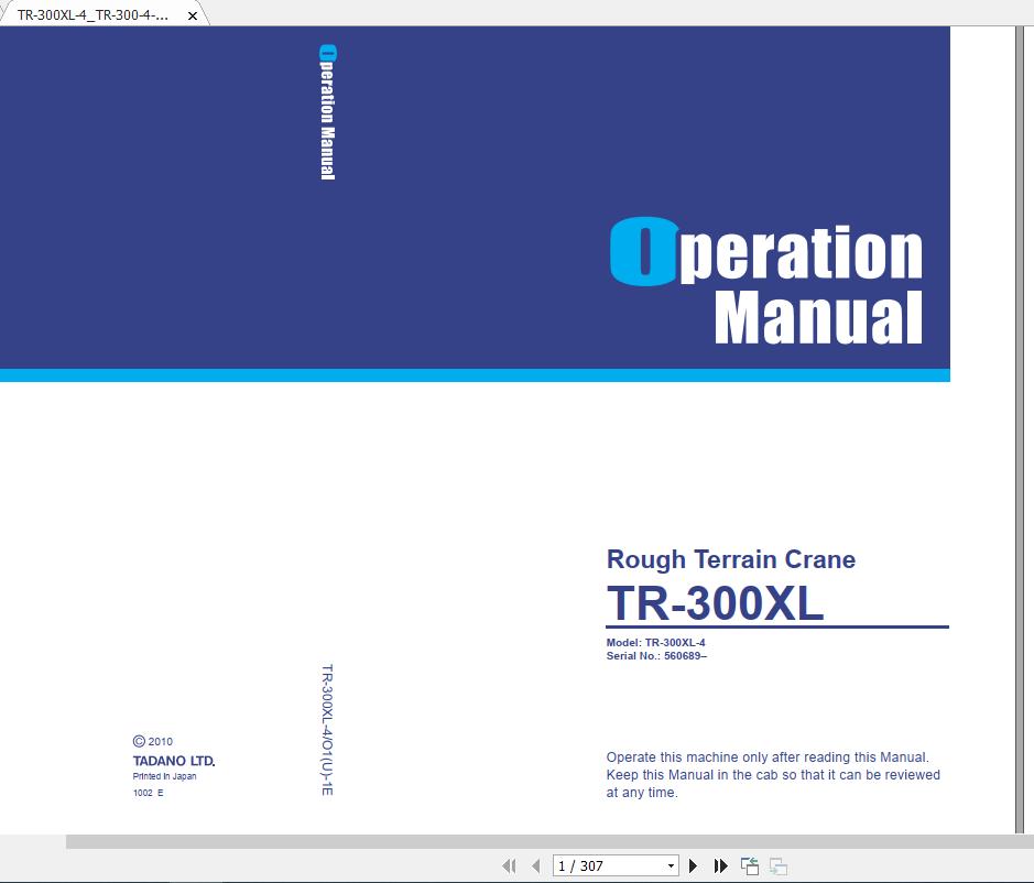 Tadano Rough Terrain Crane TR 300XL 4 Serial 560689 Operation Manual 1