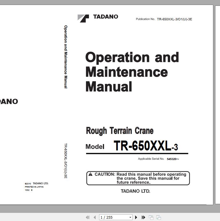Tadano Rough Terrain Crane TR 650XXL 3 Serial 545320 Operation Maintenance Manual 1