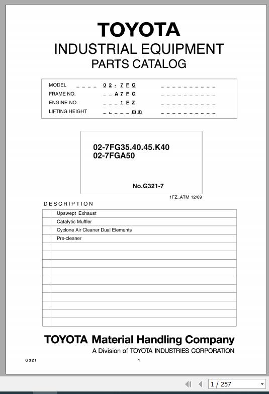 Toyota Forklift 02 7FG35.40.45.K40 02 7FGA50 1FZ Engine Parts Catalog 1
