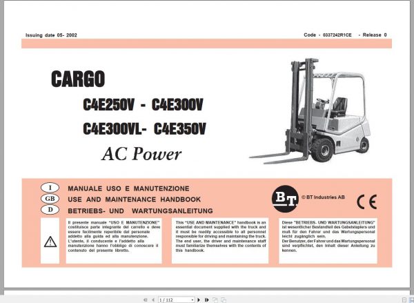 BT Electric Forklift C4E250 350V C4E300VVL Service Operators Manual Diagrams 4