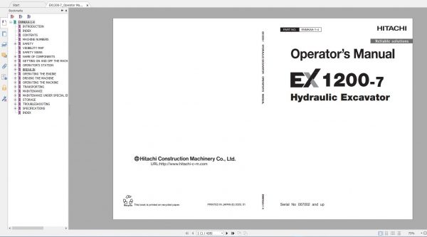 Hitachi Hydraulic Excavator EX1200 7EX1200 7B Operator Manual Part Catalog Tehnical Manual and Diagram 2