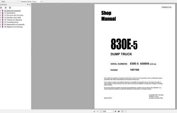 Komatsu Dump Truck 830E 5 USA A50005 Up CEBM032105 Shop Manual 2021 1