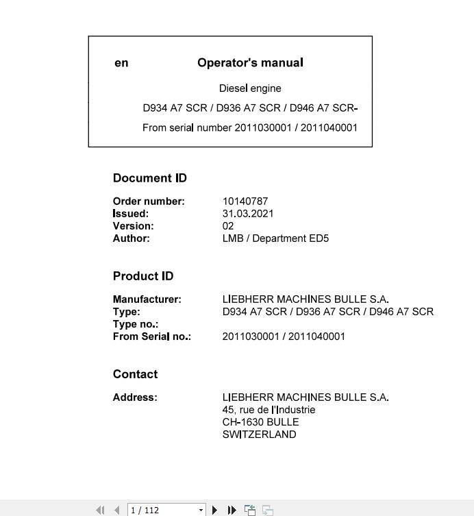 Liebher Diesel Engine D934 D936 D946 A7 SCR Operators Manual 31 03 2021 1
