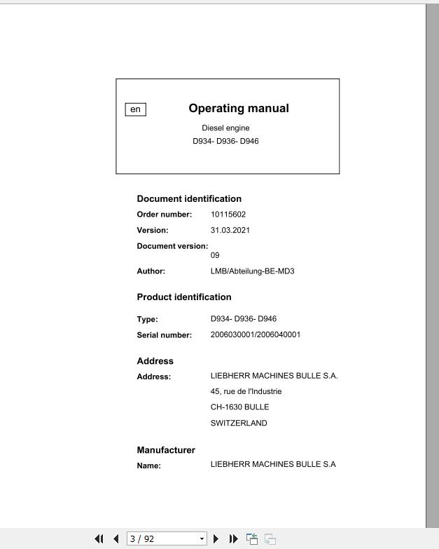Liebher Diesel Engine D934 D936 D946 Operating Manual 31 03 2021 1