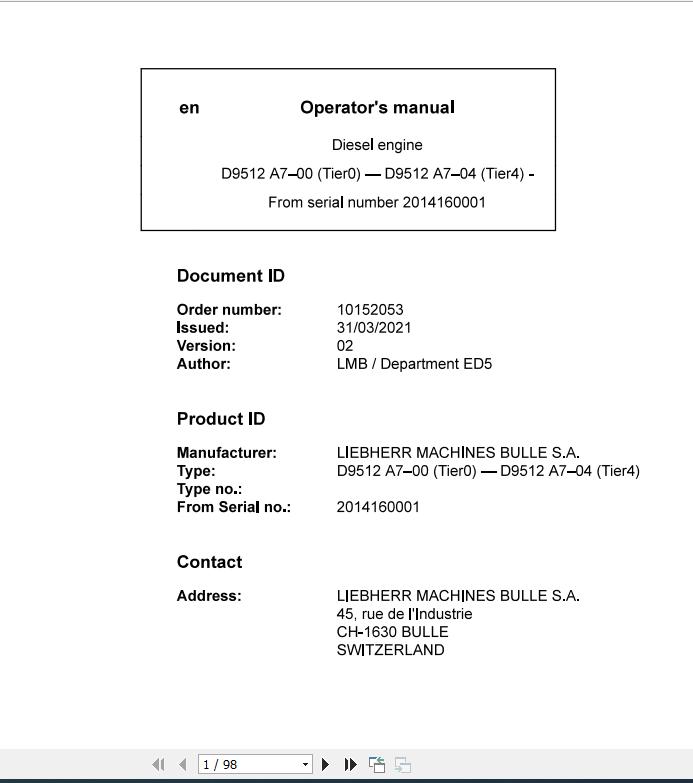 Liebher Diesel Engine D9512 A7 04 A7 00 Operators Manual 31 03 2021 1