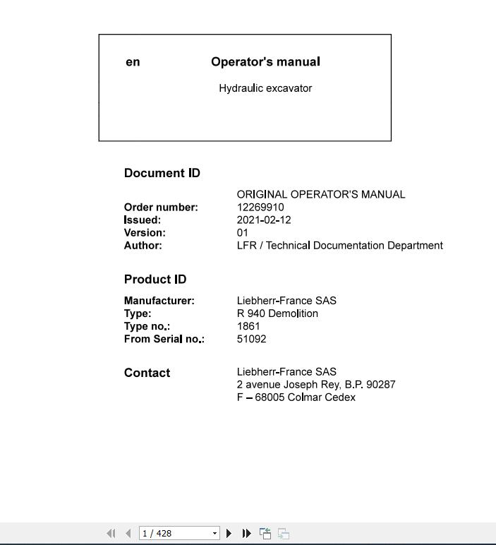 Liebherr Hydraulic Crawler Excavator R940 1861 51092 Operators Manual 1