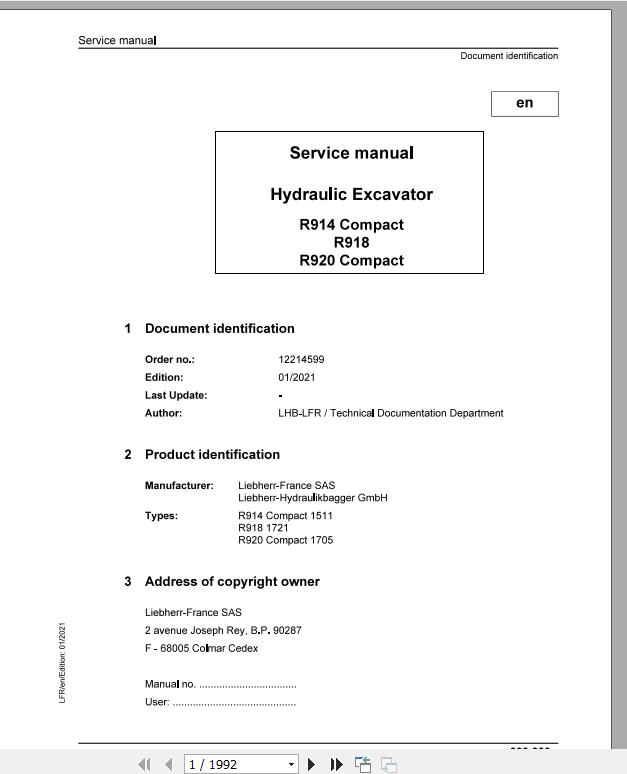 Liebherr Hydraulic Excavator R914 R918 R920 Compact Service Manual 01 2021 1