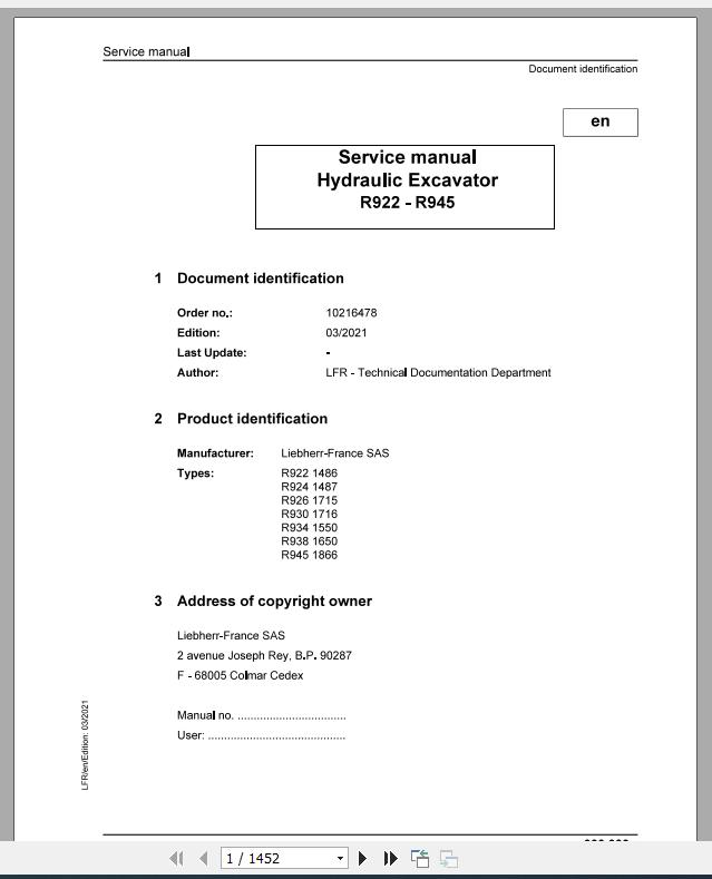 Liebherr Hydraulic Excavator R922 R934 1486 1866 Service Manual 03 2021 1