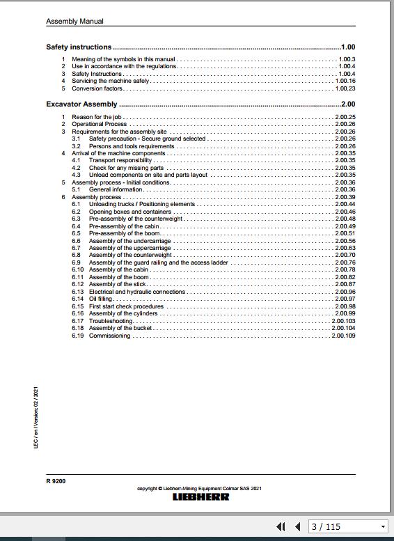 Liebherr Mining Crawler Excavator R9200 Backhoe Assembly Manual 02 2021 2