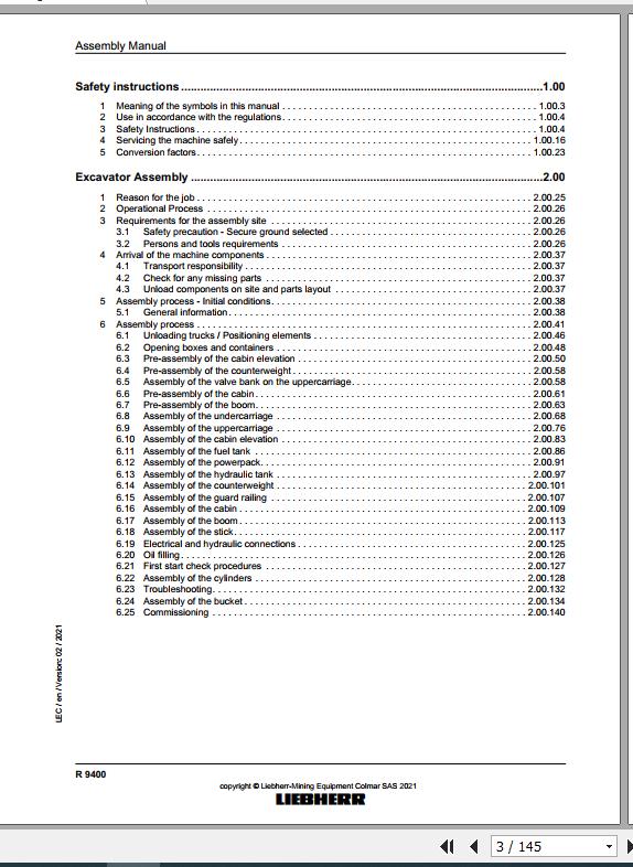 Liebherr Mining Crawler Excavator R9400 Backhoe Assembly Manual 02 2021 2