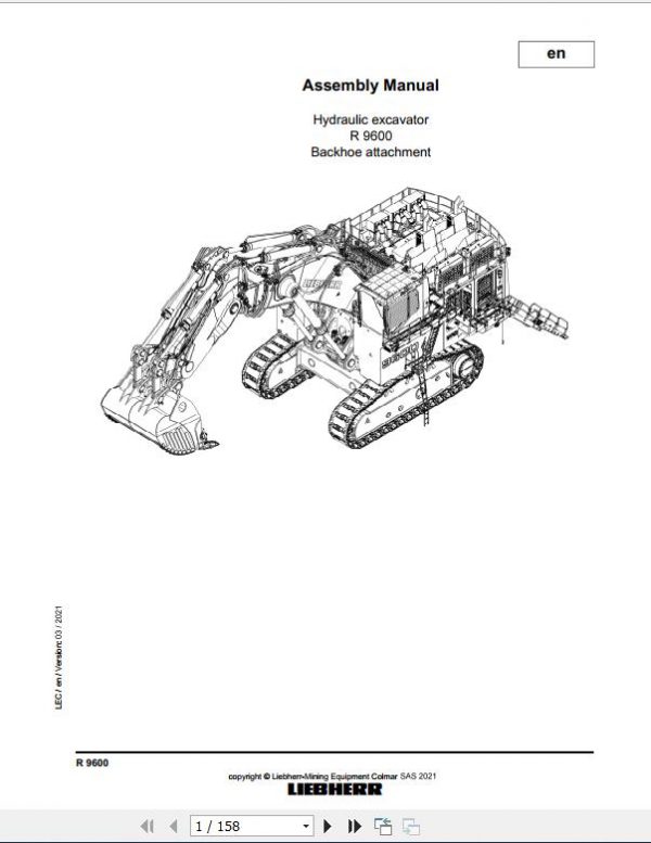 Liebherr Mining Crawler Excavator R9600 Backhoe Assembly Manual 03 2021 1