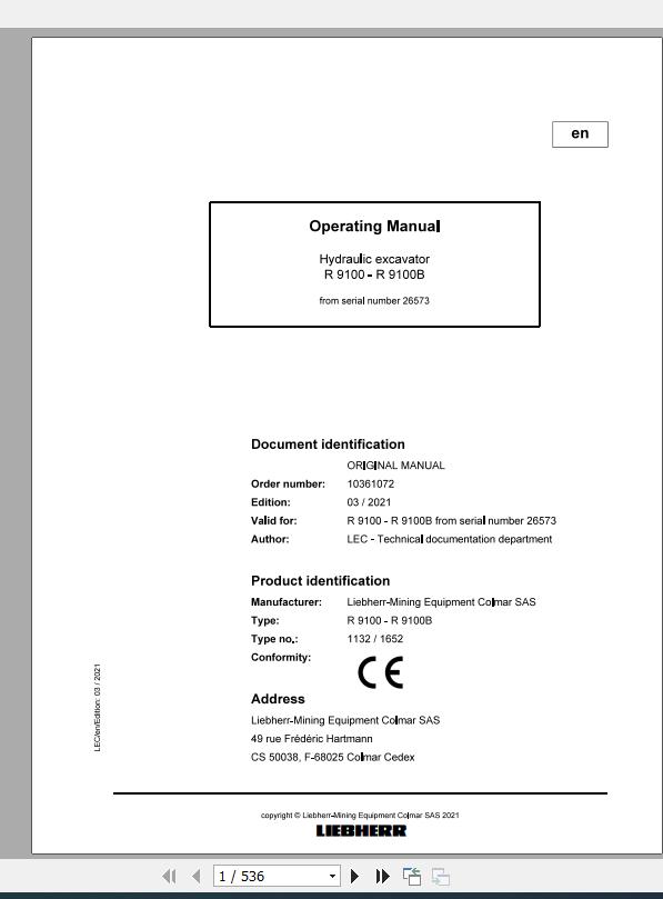 Liebherr Mining Crawler Excavators R9100 1132 1652 26573 Operating Manual 03 2021 1